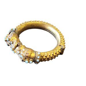 Antique Rare Unusual Early Foo Dog Hand Done Hinged Brass Bracelet (A2943)
